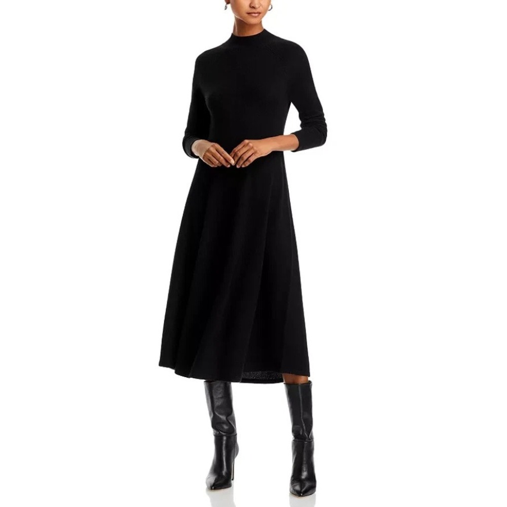 C Designer 100% Cashmere Black  Mock Neck Dress - size Large - retail $248